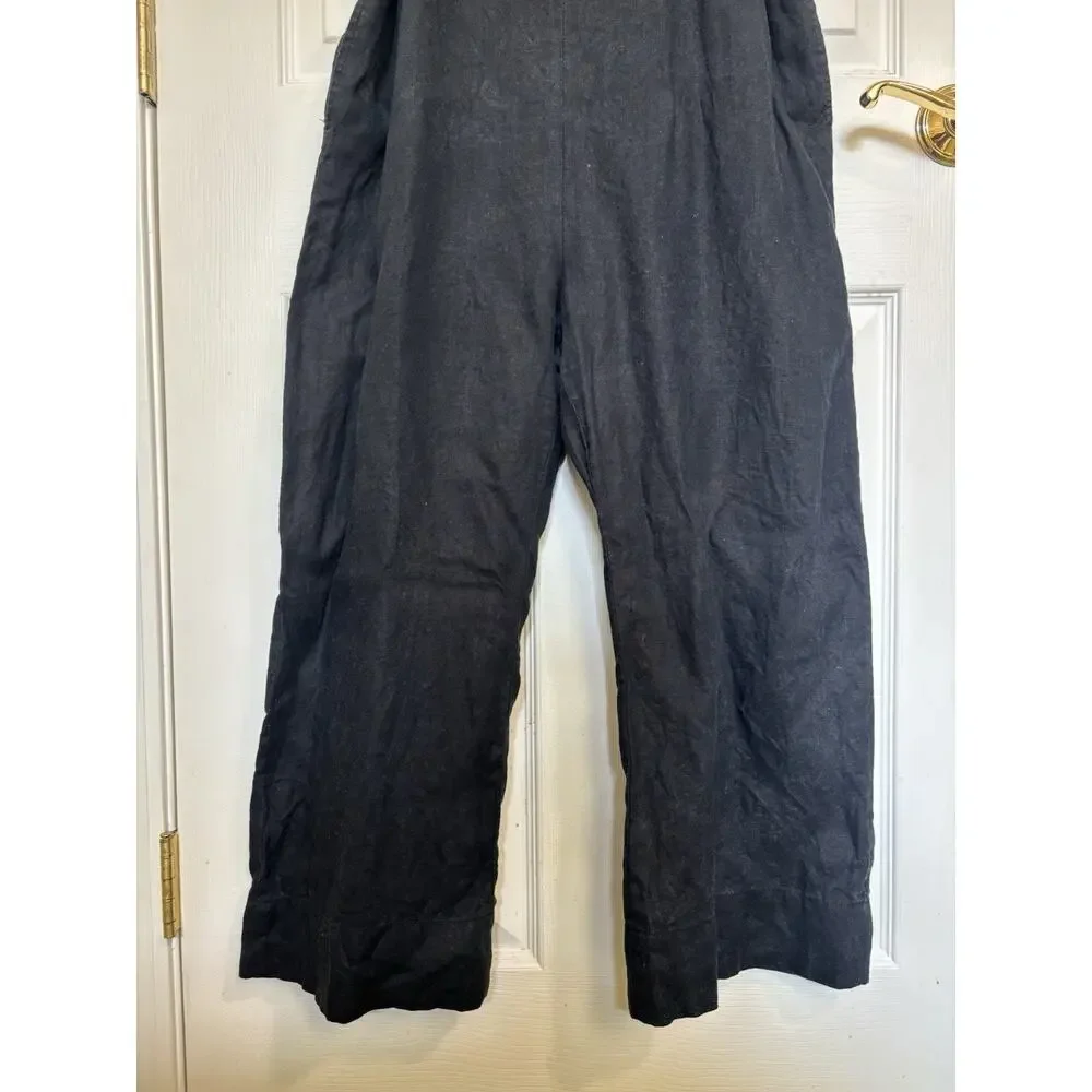 Quince 100% European Linen Square Neck Black Jumpsuit L Belt Pockets Sustainable